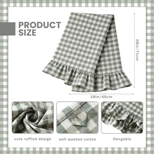 HunnmingRe 2 Pcs Sage Green Gingham Kitchen Towels Cotton Ruffled - Image 2