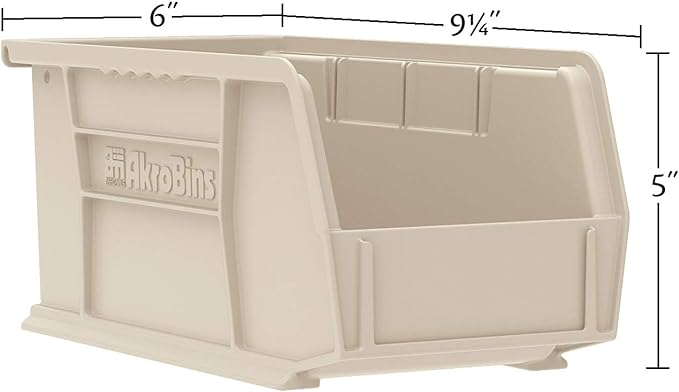 Akro-Mils 30237 AkroBins Plastic Storage Bins, Space-Saving Stackable Bins for Garage, Pantry, Craft Organization, 9-Inch x 6-Inch x 5-Inch, Stone, 12-Pack