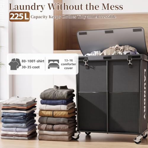 Laundry Hamper with Wheels and Lid, 225L Large Rolling Laundry Basket Gray - Image 2