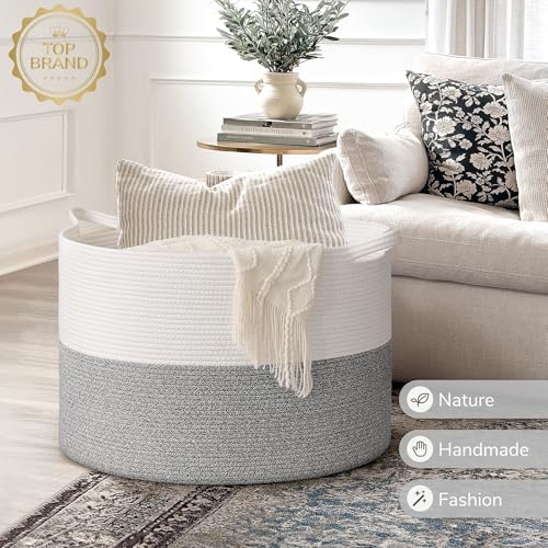 INDRESSME 115L Extra Large Woven Rope Blanket Basket Living Room Light Grey - Image 7