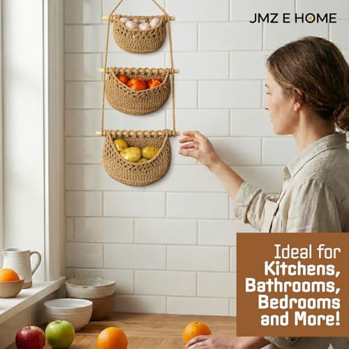 Cotton Hanging Fruit Basket, 3 Tier Woven wall Basket, hanging Storage baskets - Image 6