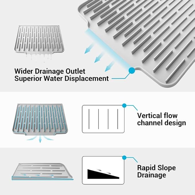 Silicone Dish Drying Mat for Kitchen Counter, Foldable & Heat Resistant Drying Pad with 5° Slope & Wide Drain, 15x12 Inch Non-slip Sink Mat for Bathroom and Countertop.(Light Grey）