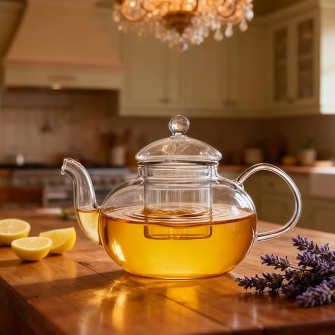 600ml(20.3oz) Borosilicate Glass Teapot with Removable Glass Infuser, Stovetop Safe Clear Tea Kettle for Blooming and Loose Leaf Tea