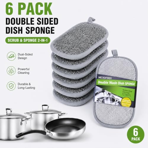 6-Pack PuoWeo Sponges Kitchen Dual-Sided Scrub Sponges—Rough Side - Image 2