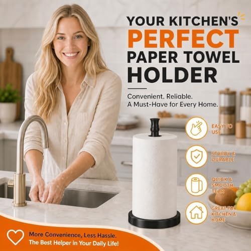 Black Paper Towel Holder Countertop, Stainless Steel Heavy Weighted Base - Image 2