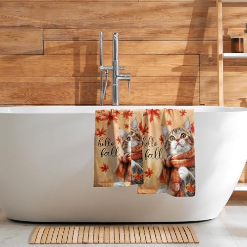 Hello Fall Hand Towel Autumn Cat Maple Leaves Kitchen Towels Set of 2 Soft - Image 7