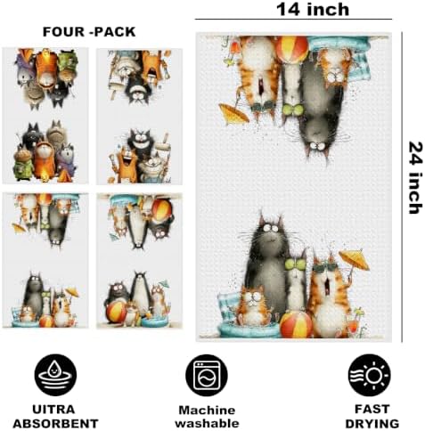 4 Pcs Cute Cat Kitchen Towels, Funny Cats Gifts Absorbent Hand Towels-06 - Image 2