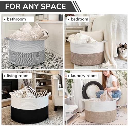 INDRESSME XXXLarge Woven Rope Blanket Basket Living Room White Black - Image 5