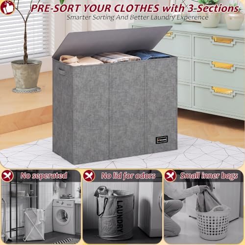 175L Laundry Hamper 3 Section, Large Laundry Hamper - Image 3