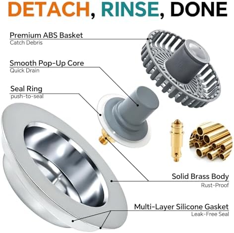Solid Brass Body 3-in-1 Kitchen Sink Drain Strainer & Stopper, Heavy Duty Pop - Image 4