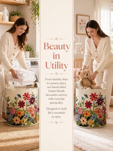 Quilted Laundry Basket with Handles, Boho Floral Quilted Storage Hamper - Image 5