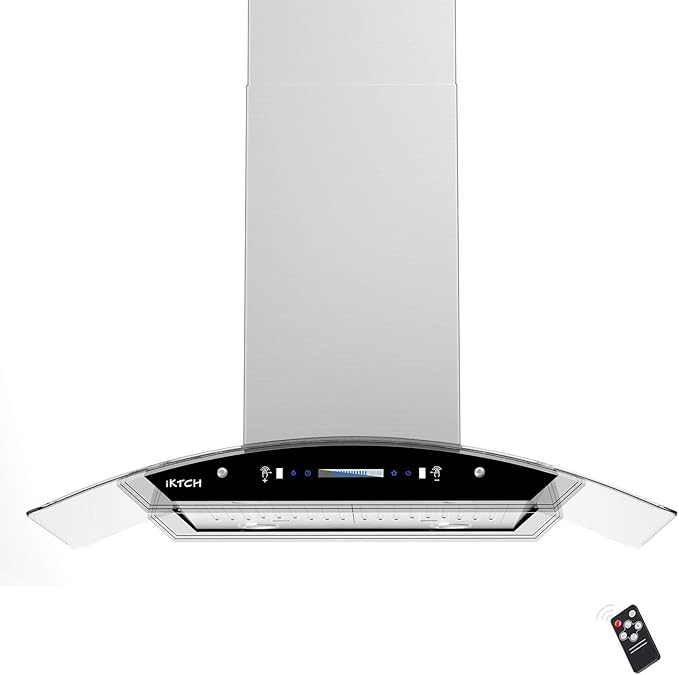 IKTCH 36-Inch Island Mount Range Hood, 900 CFM Ducted, Stainless Steel & Tempered Glass, Gesture Sensing & Touch Control, 4-Speed Fan