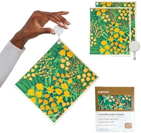 Papaya Swedish Dishcloths for Kitchen, 2 Reusable Paper Towels, 1 Hook by Papaya
