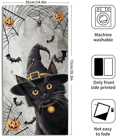 Halloween Kitchen Tea Dish Towels 2 Pack Black Witch Hat Cat Hand Towel Soft - Image 2
