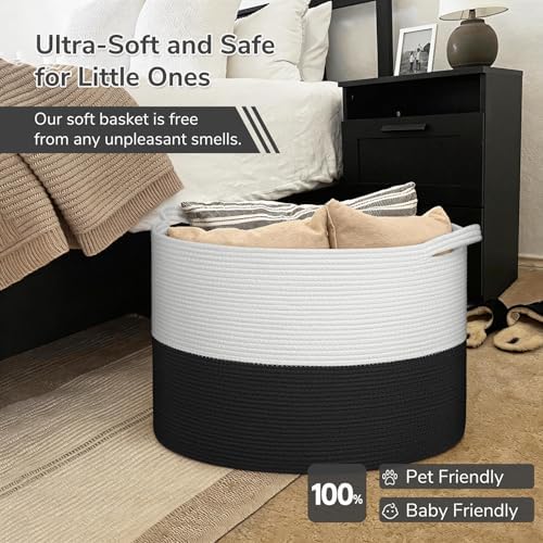 INDRESSME 115L Extra Large Woven Rope Blanket Basket Living Room WhiteBlack - Image 5