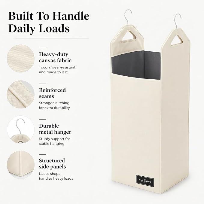 The Fine Living Co. Hanging Laundry Hamper Bag, Heavy Duty Hanger, Space Saving - Image 5