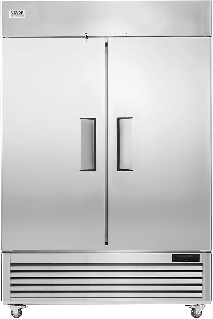 VEVOR Commercial Refrigerator 44.21 Cu.ft, Reach In 54.4" W Upright Refrigerator 2 Doors, Auto-Defrost Stainless Steel Reach-in Refrigerator with 8 Shelves, 33 to 41℉ Temp Control, LED Light, 4 Wheels