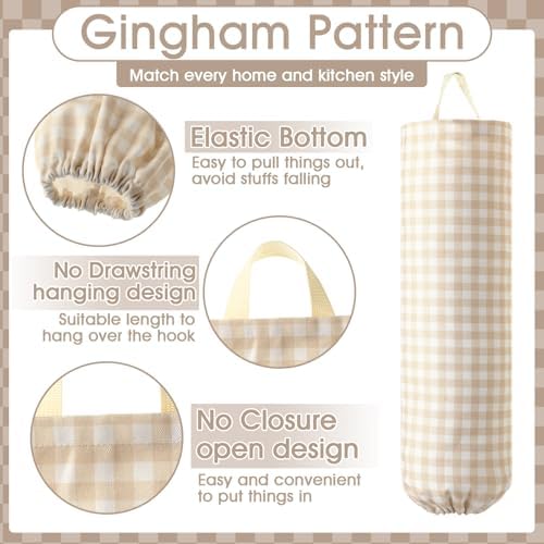 Gingham Plastic Bag Holder for Grocery Bag, Milkshake Tan - Image 4