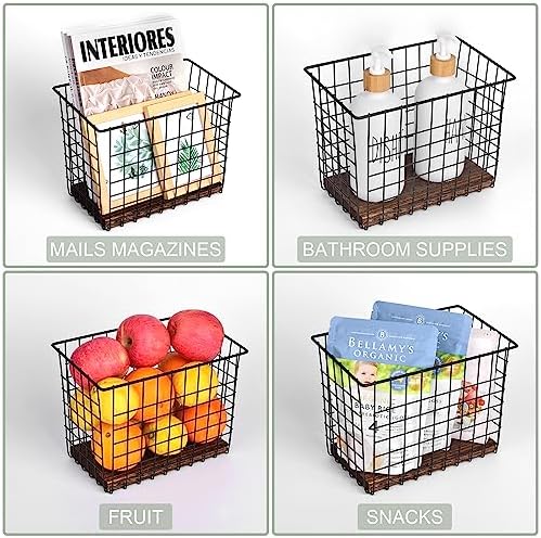 Wall Hanging Baskets, 3 Wooden Wire Bins - Image 6