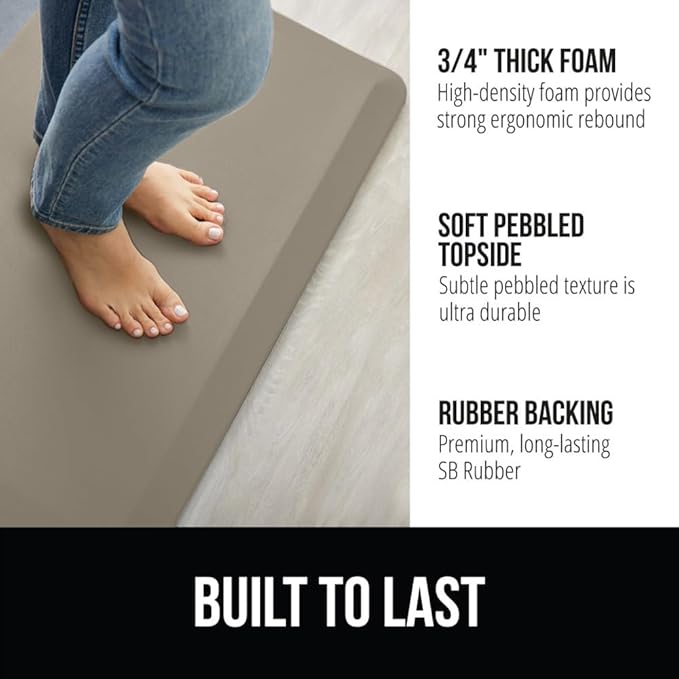 GORILLA GRIP Comfortable Cushioned Kitchen Mats for Floor, Waterproof and Stain Resistant Soft Top, 3/4 Inch Thick Ergonomic Standing Desk Anti Fatigue Mat, Foam Supports Ankles and Feet, 20x32, Taupe