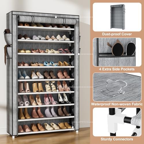 VILICK Shoe Rack with Cover Narrow Shoe Organizer with Pockets 10 Tier Tall - Image 4