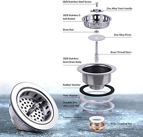 304 Stainless Steel Kitchen Sink Twist Lock Basket Drain Assembly W/Brass - Image 3