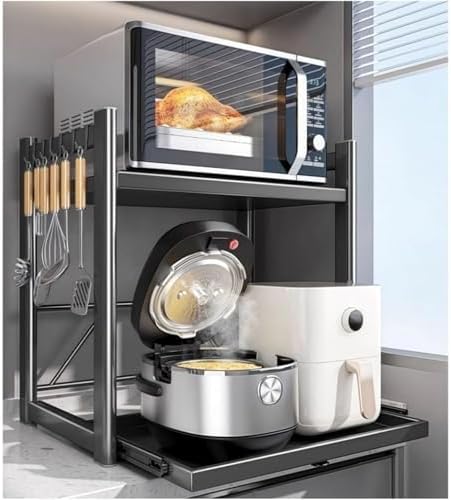 Adjustable 2-Tier Microwave Stand with Pull-Out Tray, Metal Kitchen Organizer Rack, Space-Saving Storage with 6 Hooks for Rice Cooker & Kitchen Essentials