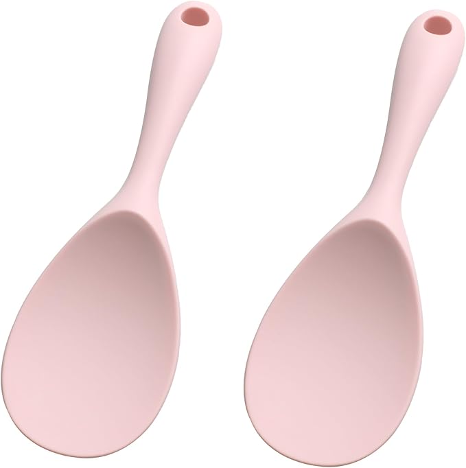 2PCS 8.8 Inch Silicone Rice Paddle Spoon, Pink Non Stick Rice Spatula, Heat Resistant Rice Cooker Spoon for Rice, Salads, Mashed Potato