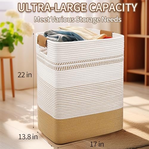 Laundry Hamper, 85L Cotton Rope Laundry Basket, Jute & White - Image 2