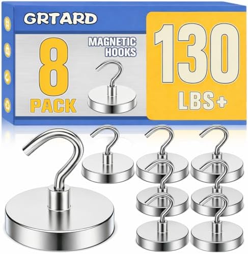 Grtard 8 Pcs Silver Magnetic Hooks Heavy Duty, 120 LBS Strong Magnet Hooks by Grtard
