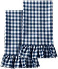 HunnmingRe 2 Pcs Navy Blue Gingham Kitchen Towels Cotton Ruffled by HunnmingRe
