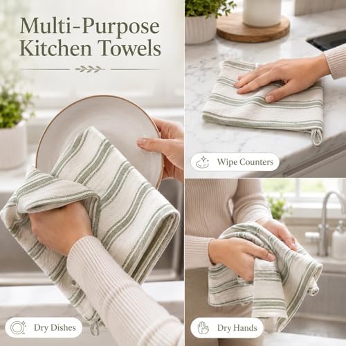 Cumia 4 Pcs Farmhouse Cotton Linen Kitchen Towels Sage Green Dish Towels - Image 3