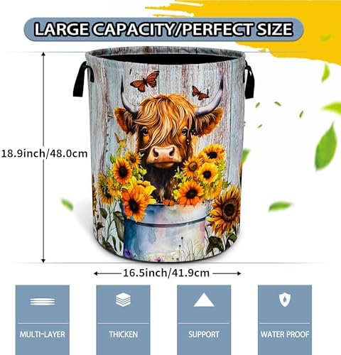Highland Cow Sunflower Laundry Basket Foldable Waterproof 18.9 x 16.5 Inch - Image 2