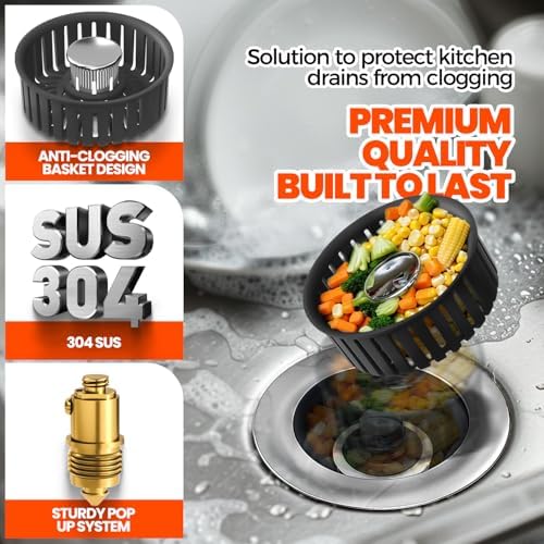 3 in 1 Kitchen Sink Drain Strainer and Stopper Black 1 Pack - Image 3