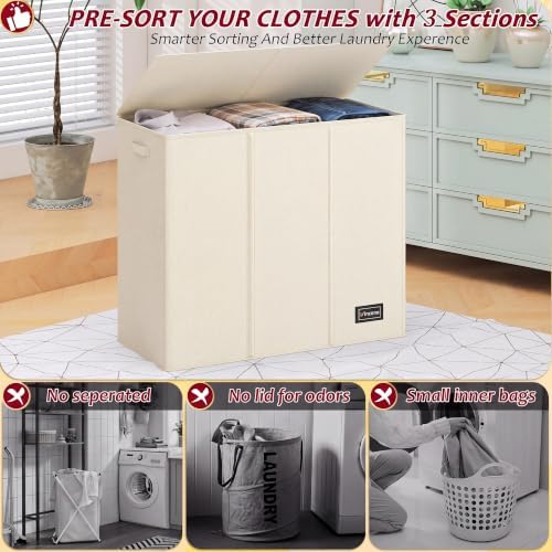 220L Laundry Hamper 3 Section, Large Laundry Hamper - Image 3