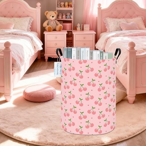 Round Laundry Basket Collapsible Storage Hamper Organizer Pink Cherry - Image 5