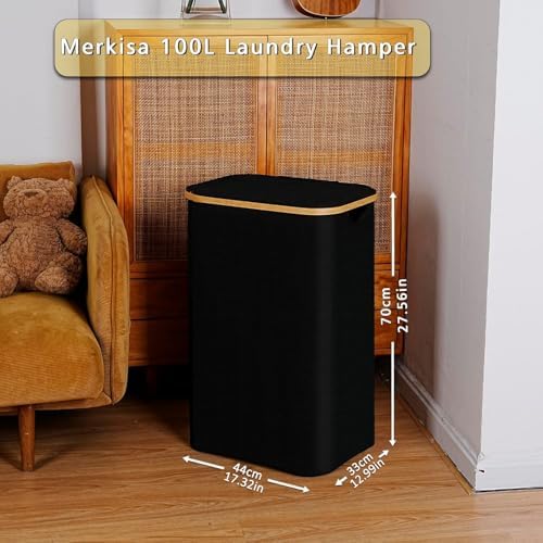 100L Laundry Hamper with Lid, Lagre Basket with Bamboo Handles, Foldable - Image 3