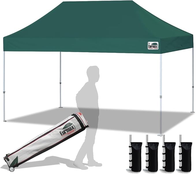 Eurmax USA Standard 10'x15' Patio Pop Up Canopy Tent Commercial Instant Canopies with Heavy Duty Roller Bag,Bonus 4 Sand Weights Bags (Forest Green)