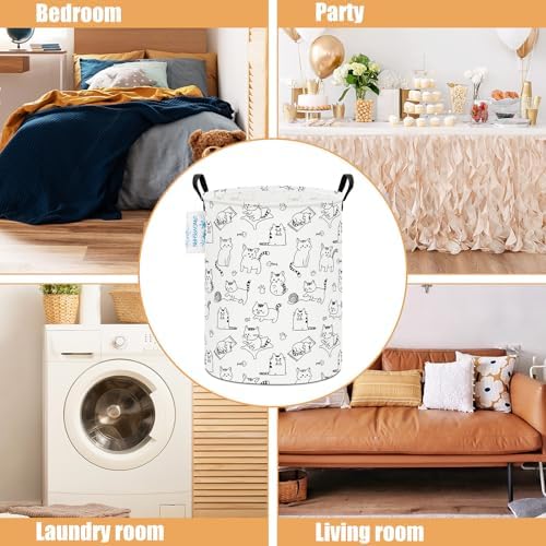 Round Laundry Basket Collapsible Storage Hamper Organizer Cat - Image 3