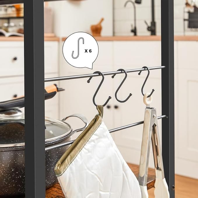 VASAGLE Bakers Rack, Kitchen Shelf, Kitchen Island, Microwave Oven Stand with 3 Open Shelves, 6 Hooks, Metal Frame, 15.7 x 31.5 x 35.4 Inches, Industrial, Rustic Brown and Black UKKI002B01