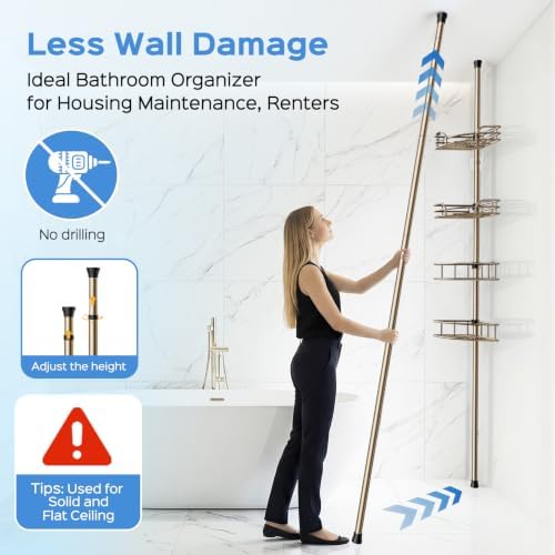 HAMITOR Corner Shower Caddy Tension Pole, 4-Tier Adjustable No-Drill Shelf - Image 3