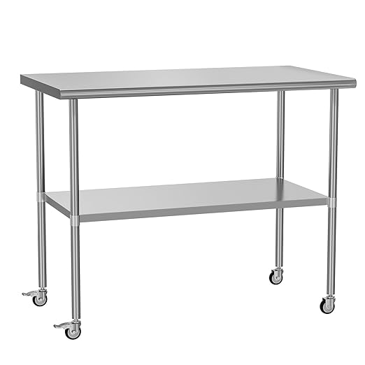 Stainless Steel Table with Wheels 30" x 48" Utility Worktable with Adjustable Undershelf for Commercial Kitchen, Garage, Restaurant