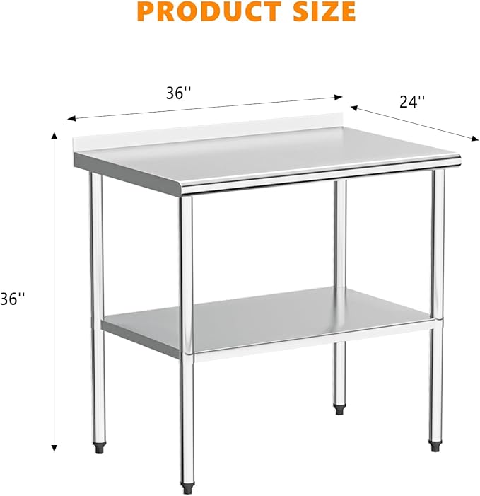 ROVSUN 36'' x 24'' Stainless Steel Table for Prep & Work,Commercial Worktables & Workstations, NSF Heavy Duty Metal Table with Adjustable UnderShelf & Backsplash for Kitchen, Restaurant,Home,Hotel