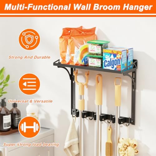 Broom Holder Wall Mount with Cleaning Supplies Organizer | Laundry Room Shelves - Image 3