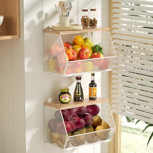 2 Tier Fruit Basket for Kitchen Counter, Stackable Onion and Potato Storage by Litwaro