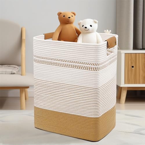 Laundry Hamper, 85L Cotton Rope Laundry Basket, Jute & White - Image 4