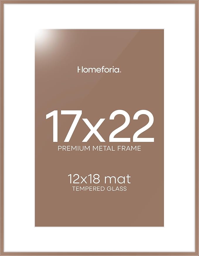 Homeforia 17x22 Picture Frame Mocha, High End Metal 17x22 Poster Frames with Mat 12x18 Photo, 17 x 22 Mocha Frame Matted to 12 by 18 Print, 22by17 Thin Hanging Frames, Tempered Glass, Wall Kit, Set of 1
