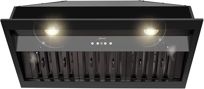 Akicon Range Hood Insert 36 Inch, Ultra Quiet, Powerful Suction Built-in Kitchen Vent Hood, Matte Black Stainless Steel Ducted Stove Hood with Dimmable LED Lights Warm White, 3-Speeds 600CFM