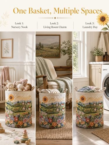 Quilted Laundry Basket with Handles, Boho Floral Quilted Storage Hamper - Image 4