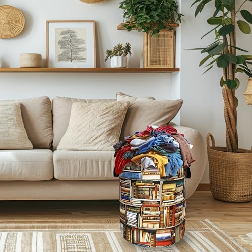 Retro Bookshelf Laundry Basket Oxford Cloth Hamper 18.9"x16.5" - Image 2